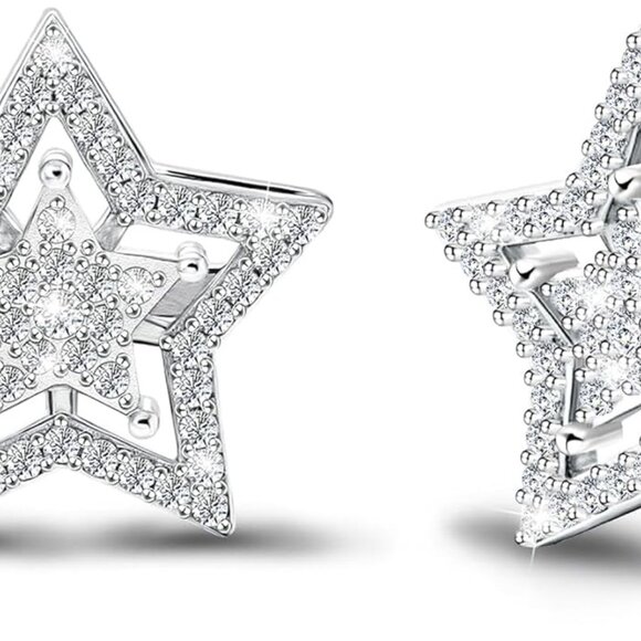 Sterling Silver Star Earrings for Women with Cubic Zirconia - Hypoallergenic, Da - Picture 2 of 7